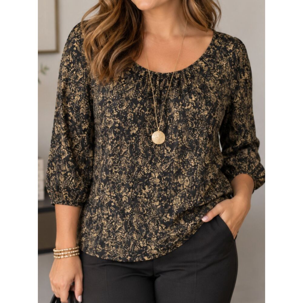 The Limited Small Black Gold Paisley Boho 3/4 Sleeve Stretch Blouse Top
